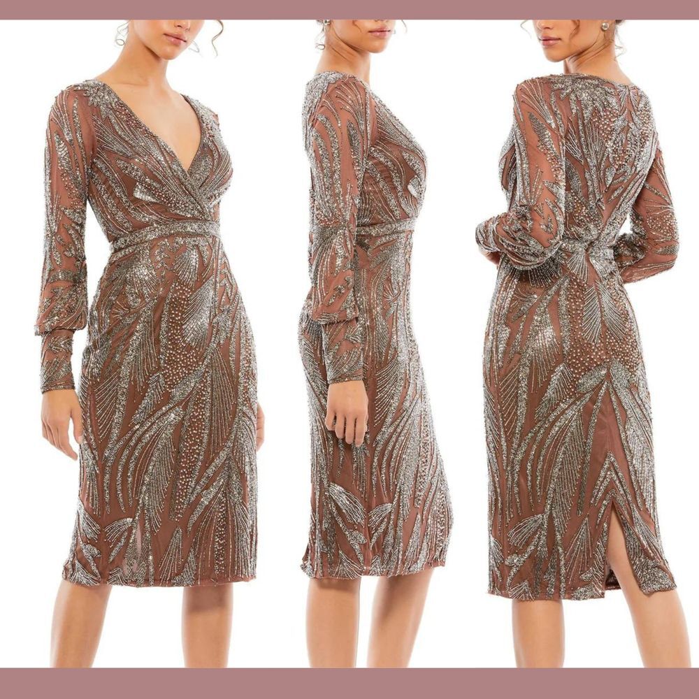 NWT Mac Duggal [ 4 ] 5295 Beaded Long Sleeve Wrap‎ Over Midi Dress in Mocha